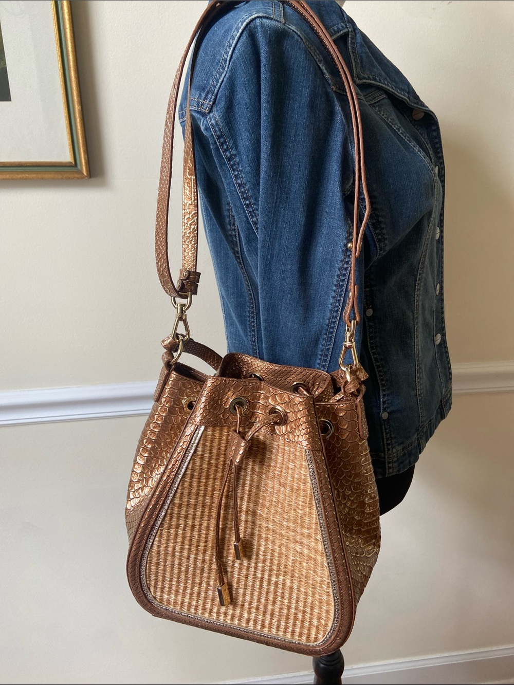 Brahmin Lovely Woven Metallic Golden Brown Bucket Bag with Drawstring